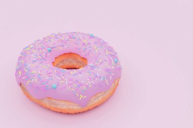 Pembe pastel arka plan renklerinin üzerine renkli şekerlemeler serpiştirilmiş lezzetli pembe jöleli donut..