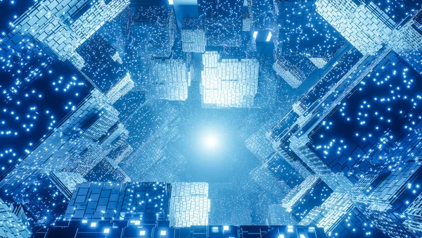 アブストラクトデジタル未来論的Sci Fi背景 ビッグデータ コンピュータハードウェア ネットワーク 青ネオンライト 3Dモデルとイラスト — ストック写真