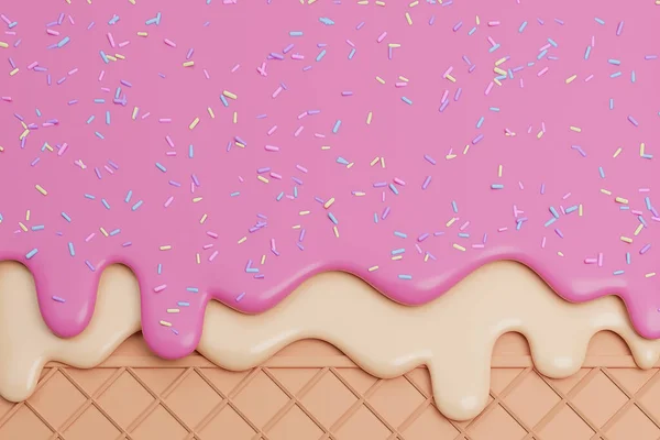 Strawberry Vanilla Ice Cream Melted Sprinkles Wafer Background Model Illustration — стоковое фото