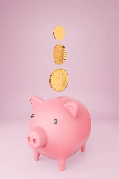 Roze Spaarvarken Bank Vele Gouden Munten Toren Pastels Achtergrond Model — Stockfoto