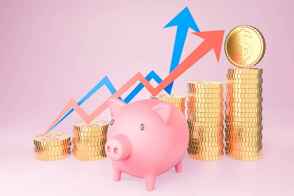 Piggy Bank Gouden Munt Stapel Financiële Grafiek Grafiek Roze Achtergrond — Stockfoto