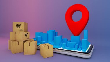 Kırmızı iğne işaretleyicili cep telefonu dijital şehir haritalı birçok karton kutu, online alışveriş ve dağıtım konsepti..