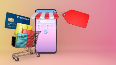 Bir alışveriş çantası, fiyat etiketi ve kredi kartının çoğu akıllı telefonlar ekranından, çevrimiçi veya alışverişkolik konseptten, obje kırpma yolu ile 3D illüstrasyondan çıktı..