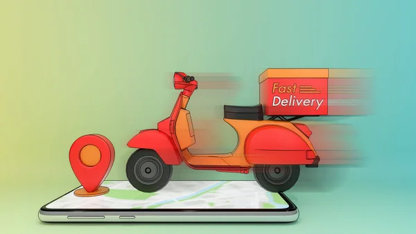 在带有红点的手机上移动滑板车 快速递送服务的概念和在线购物 3D附有对象裁剪路径的示例 — 图库照片
