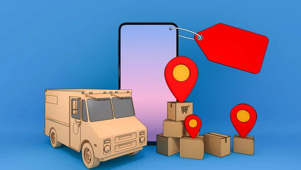Mobiltelefon Und Lkw Transporter Mit Vielen Papierschachteln Und Roten Nadelstiften — Stockfoto