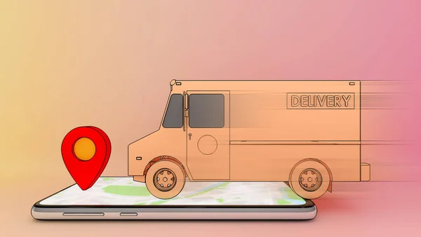 用红色尖点的手机移动面包车 在线移动应用订单运输服务 网上购物和递送概念 3D渲染 — 图库照片