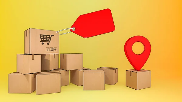 Viele Paket Box Mit Preisschild Und Und Roten Zeigern Online — Stockfoto