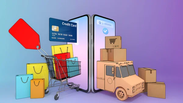 Bunte Einkaufstaschen Aus Papier Und Kreditkarte Einem Einkaufswagen Mit Lkw — Stockfoto