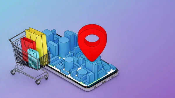 Viele Papiertüten Und Einem Warenkorb Mit Mobilen Digitalen Stadtplan Mit — Stockfoto