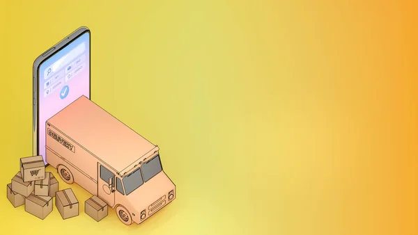 卡车货车从带有多个邮件箱的手机上抛出 在线移动应用订单运输服务和网上购物及递送概念 3D渲染 — 图库照片