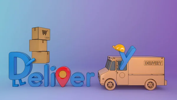 Character Cartoon Lieferung Schrift Mit Lkw Transporter Und Viele Paketkasten — Stockfoto