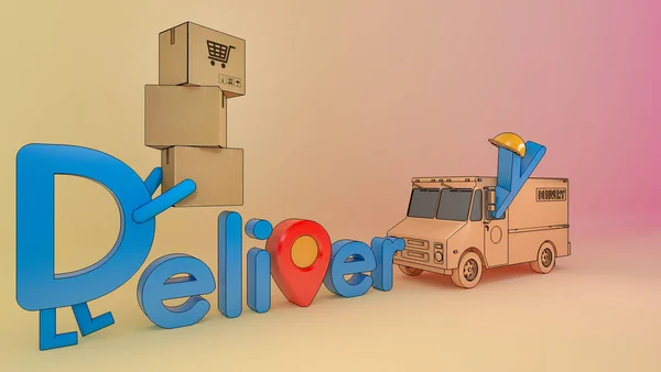 Character Cartoon Lieferung Schrift Mit Lkw Transporter Und Viele Paketkasten — Stockfoto