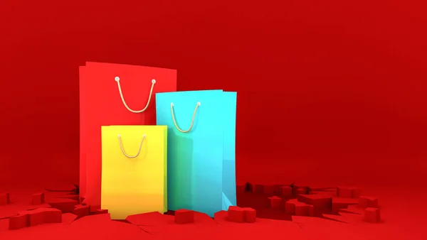 赤い地面にカラフルな紙のショッピングバッグ ショッピングコンセプト 3Dレンダリング — ストック写真