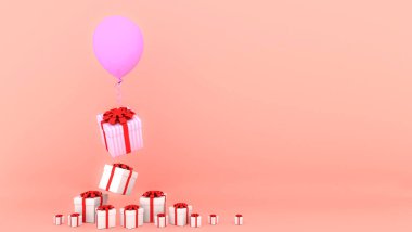 Kırmızı kurdeleli beyaz hediye kutusu ve pembe pastel arka planda pembe balon minimal noel ve yeni yıl konsepti, 3D görüntüleme..