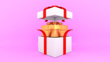 Kırmızı kurdeleli beyaz hediye kutusunu aç ve pembe arka planda altın kutunun içinde minimal noel ve yeni yıl konsepti, 3D yorumlama..