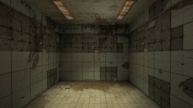 Korku ve korkunç hasarın iç tasarımı boş oda, 3 boyutlu görüntüleme..