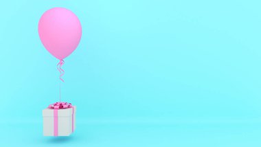 Kırmızı kurdeleli beyaz hediye kutusu ve mavi arka planda pembe balon, minimal noel ve yeni yıl konsepti, 3D görüntüleme..