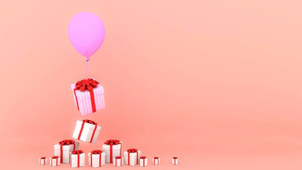 白色礼品盒 红色缎带和粉色气球 粉红粉刷背景 最小圣诞节和新年概念 3D渲染 — 图库照片