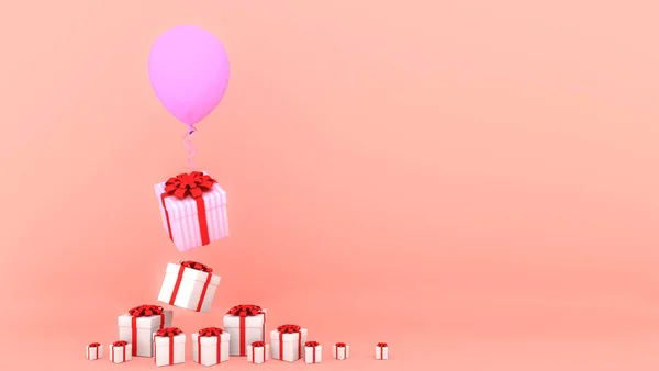 Caja Regalo Blanca Con Cinta Roja Globo Rosa Sobre Fondo — Foto de Stock