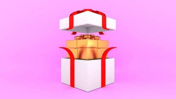 Otwórz Białe Pudełko Czerwoną Wstążką Wewnątrz Złote Pudełko Różowym Tle — Zdjęcie stockowe