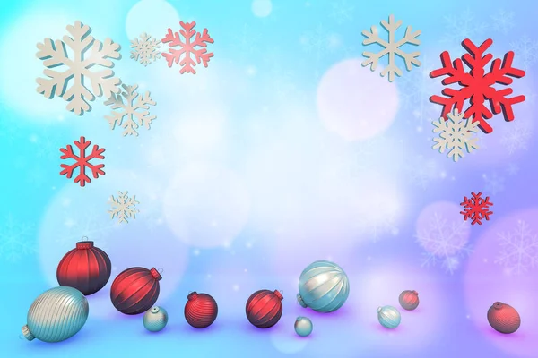 青を背景にボールと雪の結晶 クリスマスと幸せな新年のコンセプト 3Dレンダリング — ストック写真