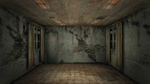 The interior design of horror and creepy damage empty room., 3D rendering.