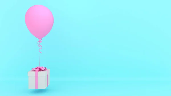 白色礼品盒 红色缎带 蓝色背景的粉色气球 最小圣诞节和新年概念 3D渲染 — 图库照片