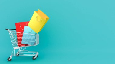Mavi arka planda alışveriş arabasında renkli kağıt alışveriş torbaları, alışveriş aşığı ya da alışveriş delisi konsepti, 3D görüntüleme.