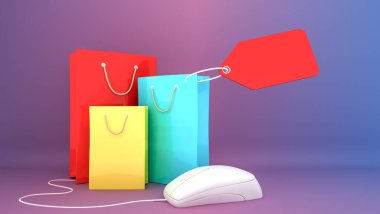 Renkli kağıt alışveriş poşetleri ve bilgisayar fareli fiyat etiketi, çevrimiçi alışveriş kavramı veya alışveriş kolik kavramı, 3D görüntüleme.