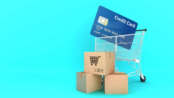 Muitas Caixas Papel Cartão Crédito Carrinho Compras Com Fundo Verde — Fotografia de Stock