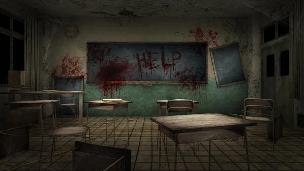 テキストヘルプの血で学校の恐怖と不気味な教室 3Dレンダリング — ストック写真