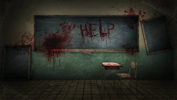 テキストヘルプの血で学校の恐怖と不気味な教室 3Dレンダリング — ストック写真