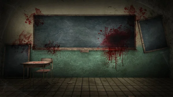 血のついた学校の恐怖と不気味な教室 3Dレンダリング — ストック写真