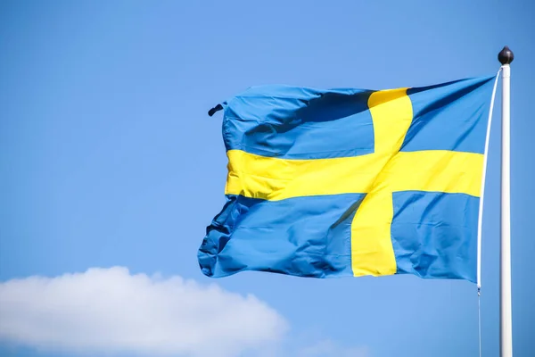 Σημαία Σουηδία Ένα Κοντάρι Όμορφο Φόντο Ουρανό — Φωτογραφία Αρχείου
