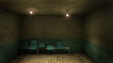 Korku ve ürpertici koltuk hastane 3D görüntüleme muayene odasının önünde bekliyor.