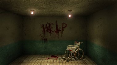 Muayene odasının önünde korku ve ürpertici bir şey ve hastanede tekerlekli sandalye ve Kan 3D 'nin hazırlanmasına yardım et.