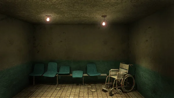 病院の診察室前の恐怖と不気味な席待ちや車椅子 3Dレンダリング — ストック写真