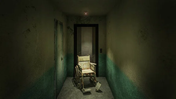 病院の車椅子で恐怖と不気味なリフト 3Dレンダリング — ストック写真