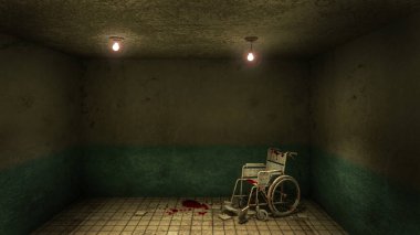 Muayene odasının önünde korku ve ürpertici bir şey ve hastane 3D 'sinde tekerlekli sandalye.