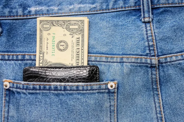 Black Leather Wallet Money Back Blue Jeans Pocket Denim Background — Stock Photo, Image
