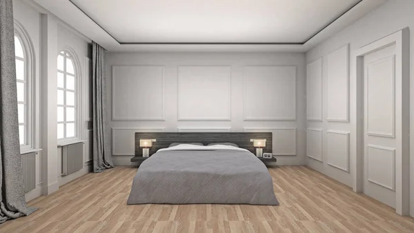 Bed Room Interior Holzboden Klassisch Und Luxuriös Eingerichtet Render — Stockfoto