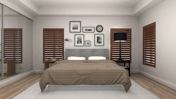 Bed Room Interior Holzboden Modern Und Luxuriös Eingerichtet Render — Stockfoto