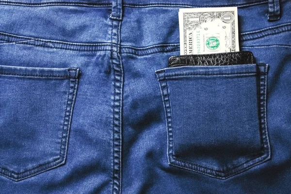 Svart Läder Plånbok Med Pengar Tillbaka Blå Jeans Ficka Denim — Stockfoto