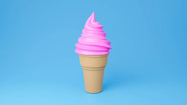 Soft Servir Sorvete Sabores Morango Cone Crocante Fundo Azul Modelo — Fotografia de Stock