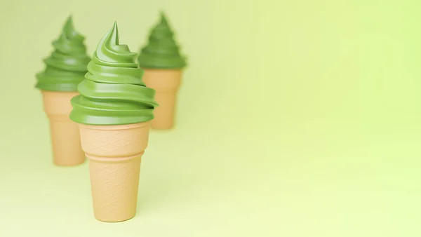 Gelato Morbido Dai Sapori Verde Cono Croccante Fondo Verde Modello — Foto Stock