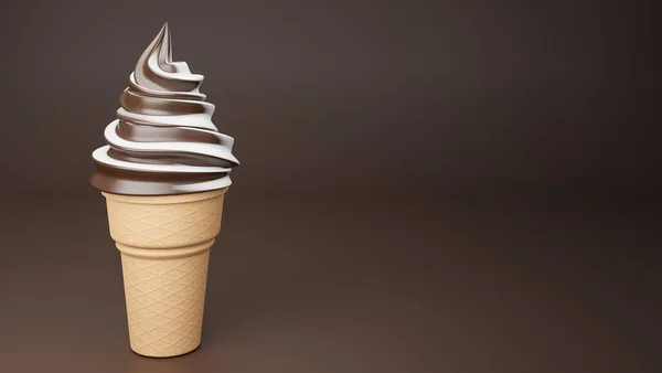 用巧克力和牛奶调味的软食冰淇淋 配上棕色背景的酥脆圆锥 3D型和图解 — 图库照片