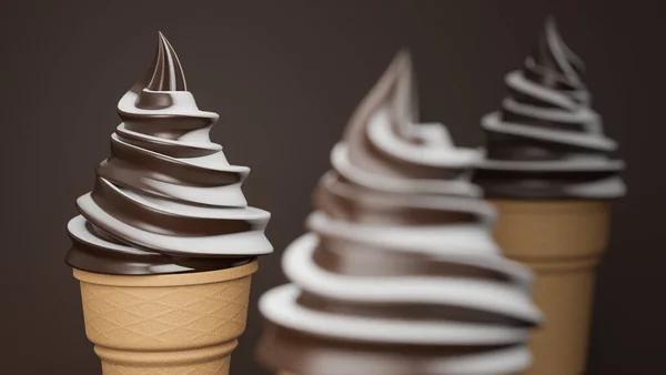 Servizio Morbido Gelato Cioccolato Aromi Latte Cono Croccante Sfondo Marrone — Foto Stock