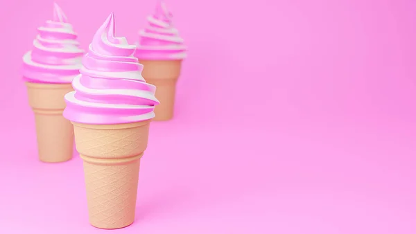 Soft serve ice cream of strawberry and milk flavours on crispy cone on pink background.,3d model and illustration.