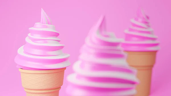 Μαλακό Σερβίρουν Παγωτό Φράουλα Και Γεύσεις Γάλακτος Τραγανό Κώνο Ροζ — Φωτογραφία Αρχείου