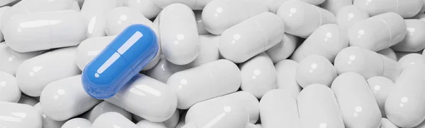Закрыть Голубой Капсулы Таблетки Многих Белых Капсул Таблетки Концепция Медицины — стоковое фото